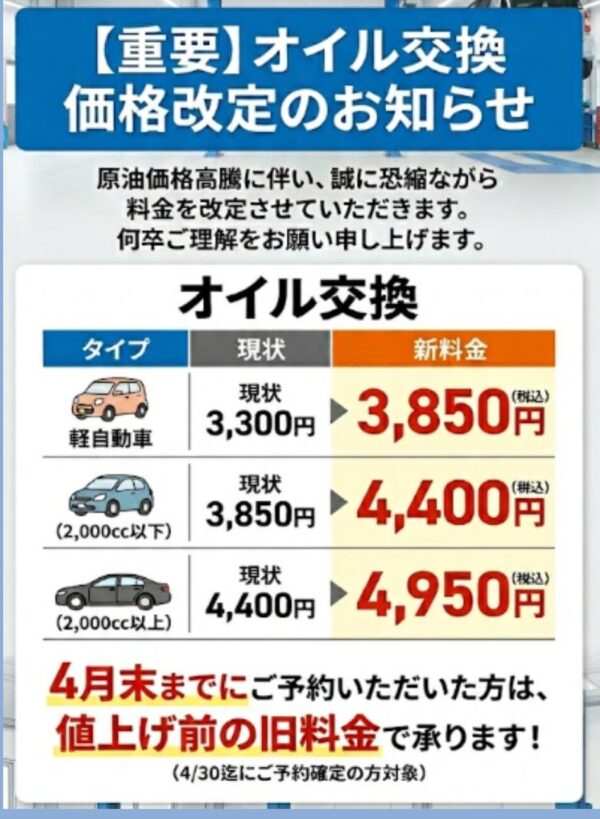 オイル交換費用変更のお知らせサムネイル